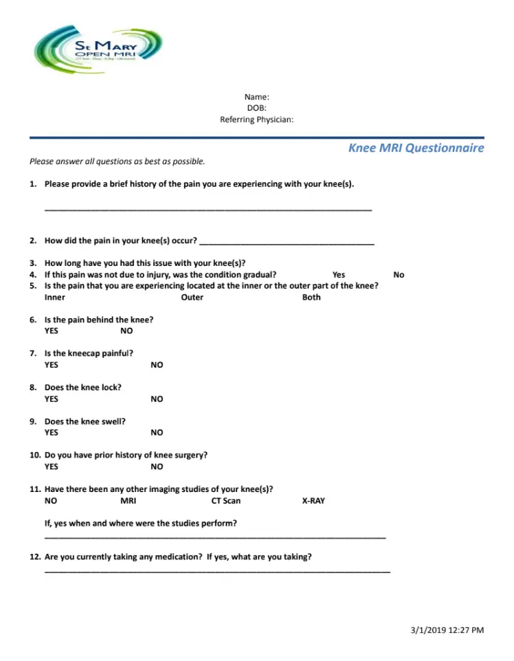 Knee MRI Questionnaire Thumbnail